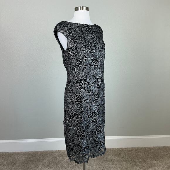 Ralph Lauren Lace Sleeveless Midi Sheath Cocktail Dress Black and Silver Size 6 - Picture 3 of 13
